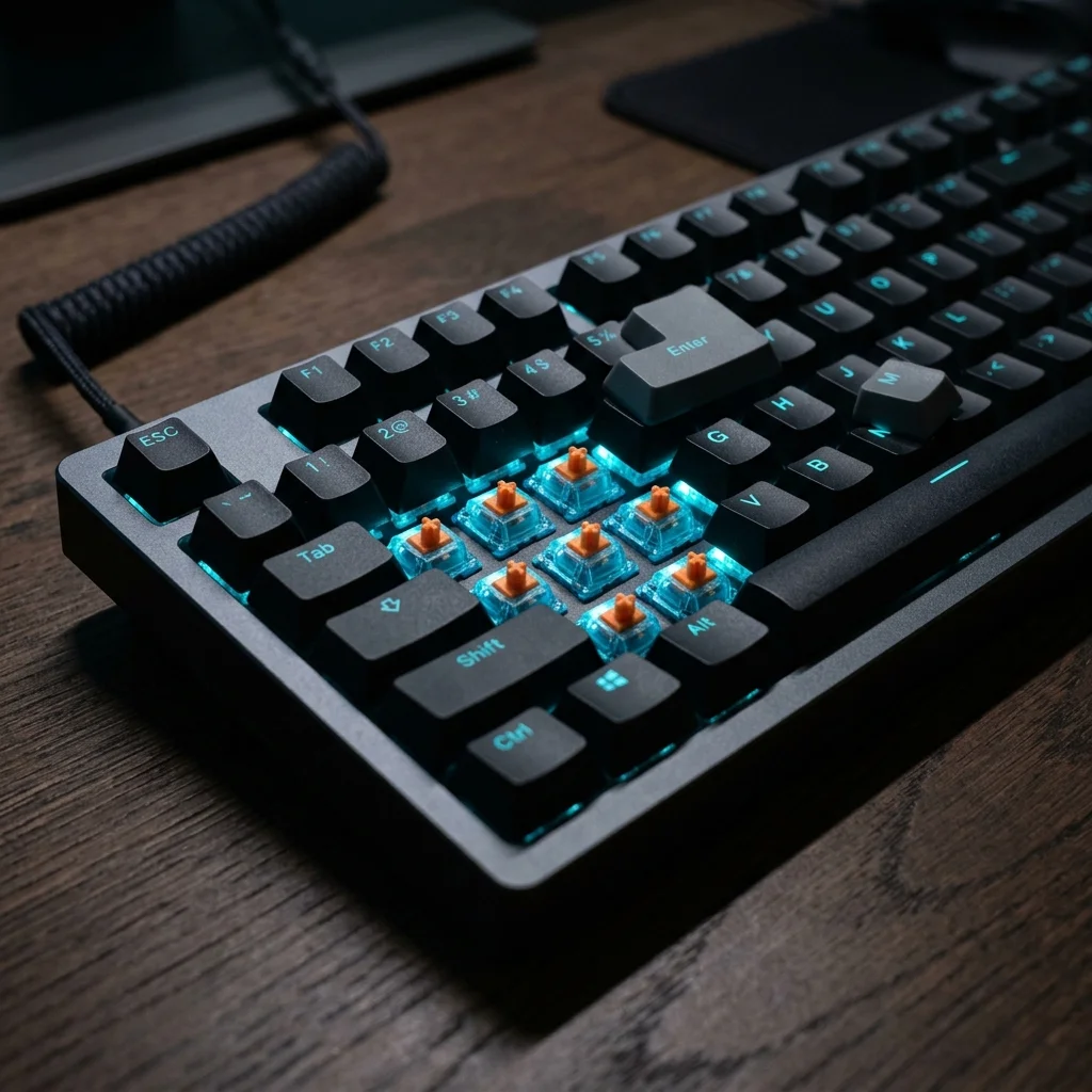 Teclado mecánico moderno con switches visibles y estética gaming