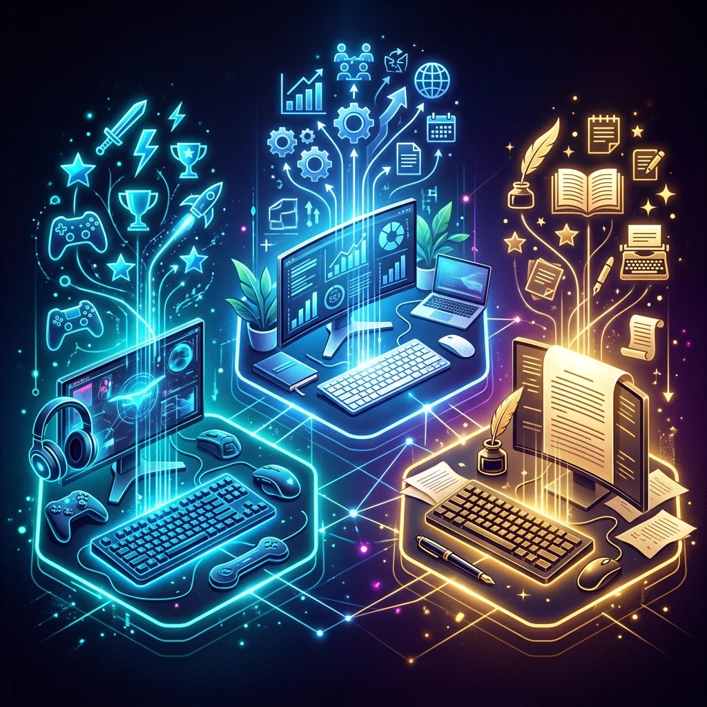 Tres escenarios de uso de teclado: gaming, oficina y escritura