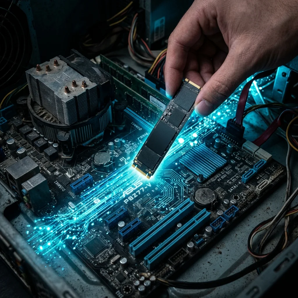 SSD moderno siendo instalado en una PC de escritorio antigua