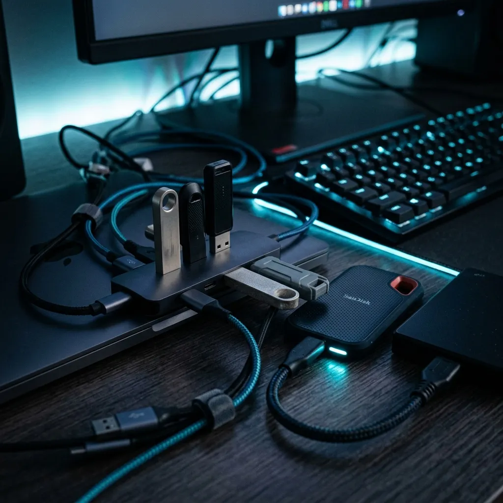PC con varios dispositivos USB durante diagnóstico de desconexiones intermitentes