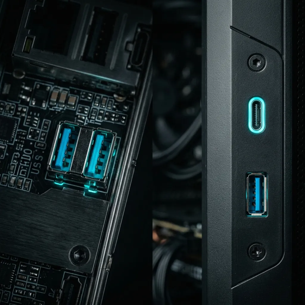 Comparación conceptual entre puertos USB frontales de un case y puertos traseros de motherboard