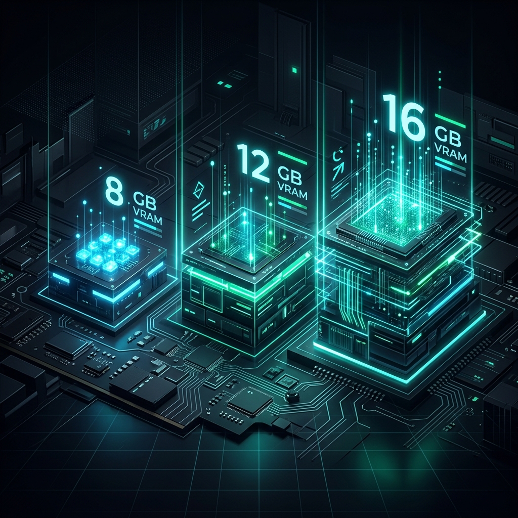 Comparación conceptual de GPUs con 8 GB 12 GB y 16 GB de VRAM