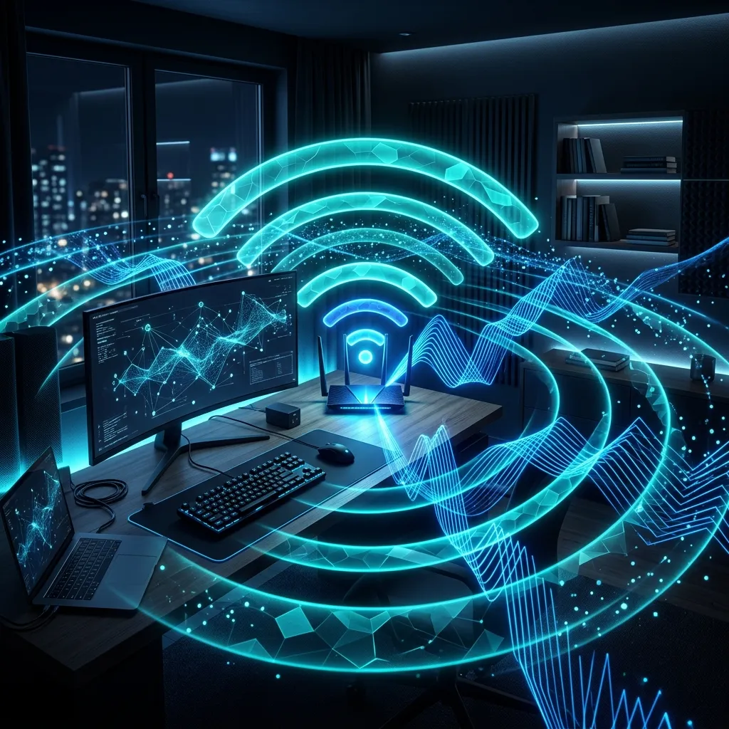 Representación conceptual de cobertura Wi-Fi 2.4 GHz y 5 GHz dentro de una vivienda