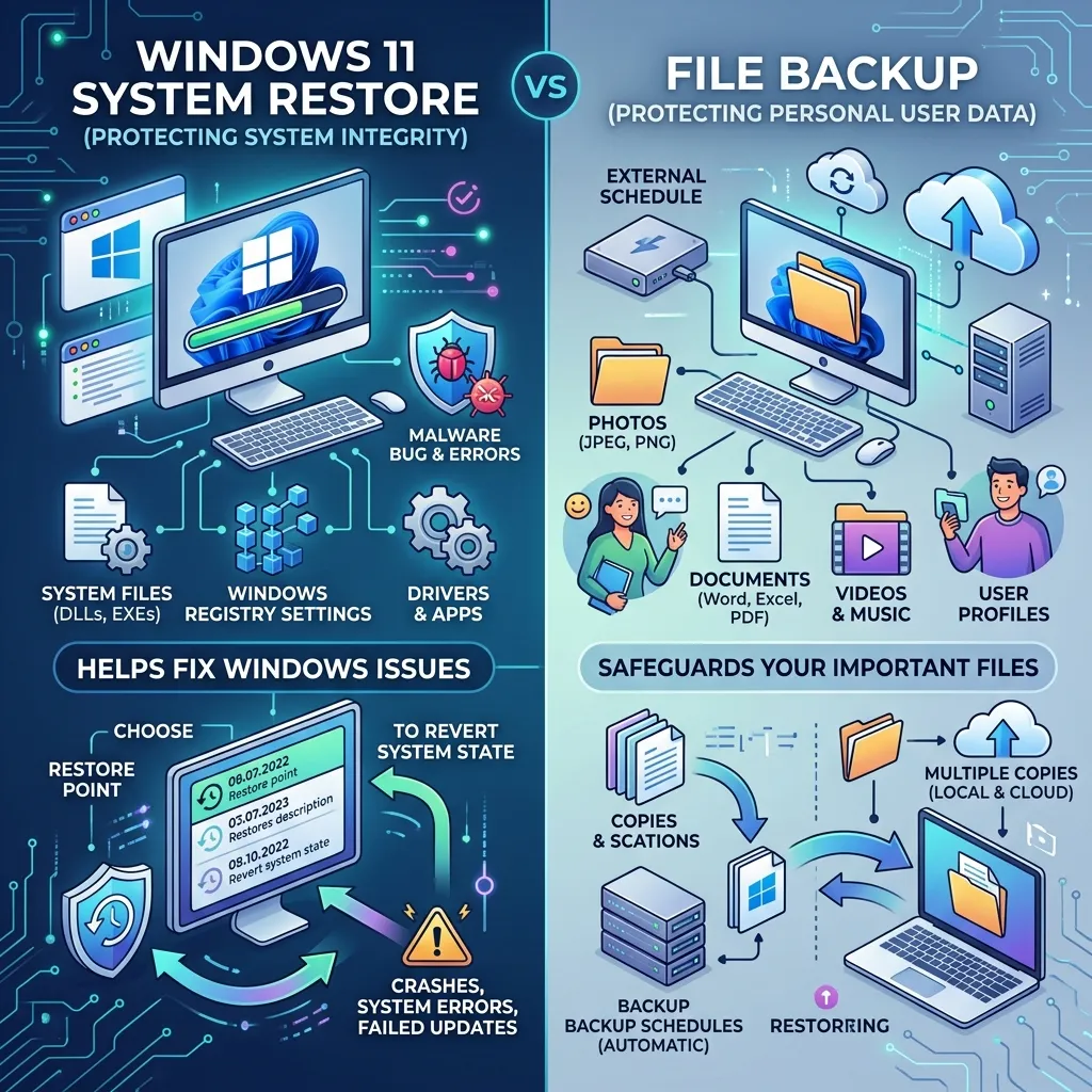 Comparación conceptual entre backup de archivos y punto de restauración en Windows 11