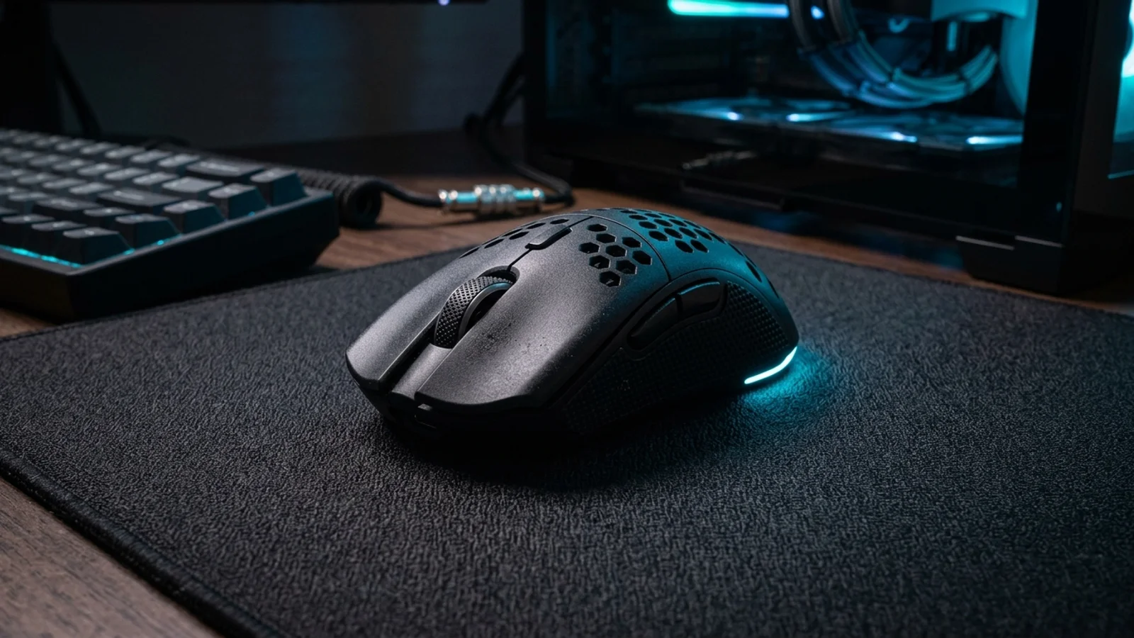 Mouse gaming frente a una PC con Windows 11 durante una actualización del sistema