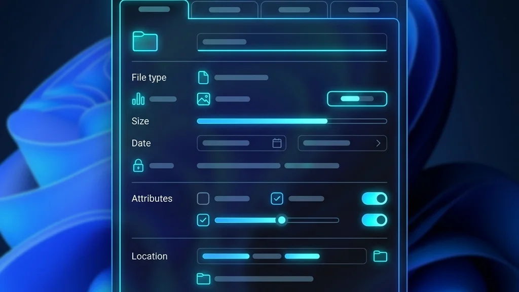 Interfaz conceptual moderna de propiedades de archivo en Windows 11 con modo oscuro