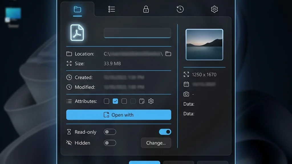 Concepto de una ventana moderna de propiedades de archivo en Windows 11