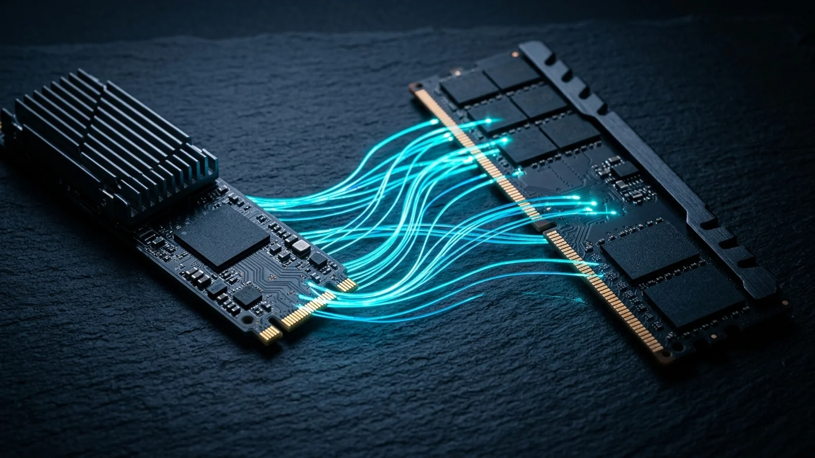 Representación conceptual de datos moviéndose entre memoria RAM y SSD mediante memoria virtual en Windows 11