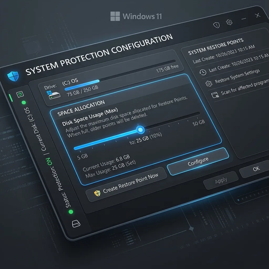 Configuración conceptual de protección del sistema en Windows 11