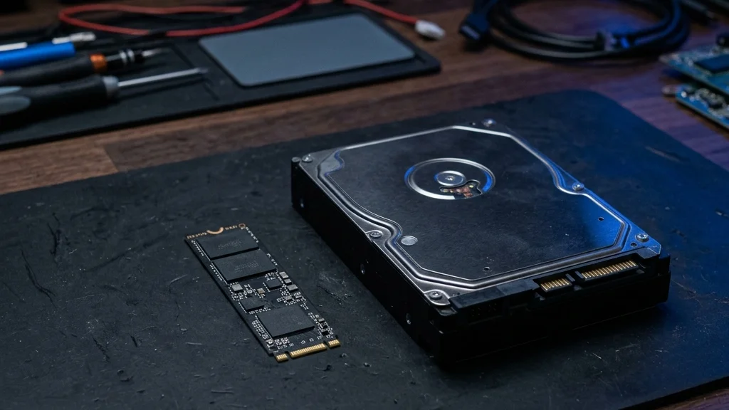 SSD y disco duro representando el impacto del almacenamiento en una PC con Windows 11
