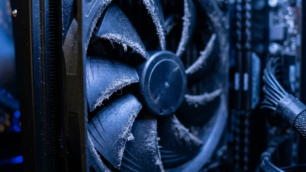 PC con polvo en ventiladores y temperatura alta afectando rendimiento en Windows 11