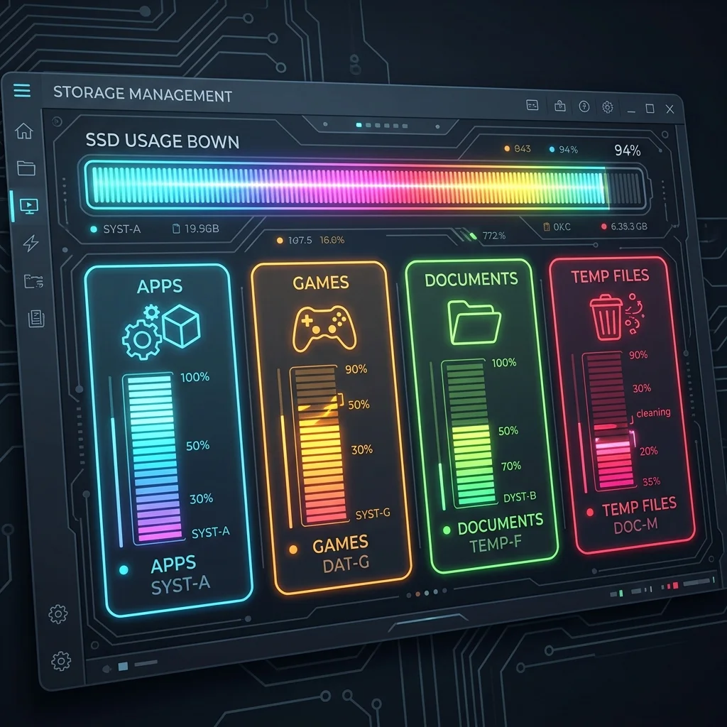 Interfaz conceptual de Windows mostrando categorías de almacenamiento en un SSD casi lleno