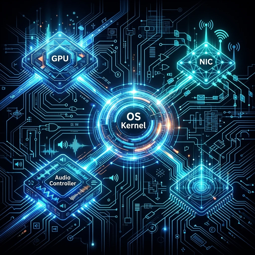 Sistema Windows conectado visualmente a componentes de hardware como GPU Wi-Fi audio y chipset